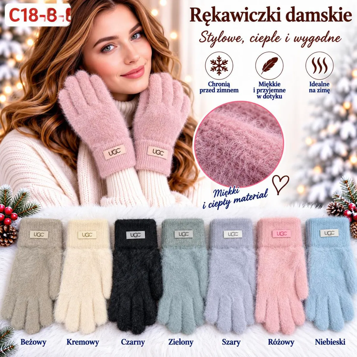 Rękawiczki damskie w siedmiu kolorach na zimę, miękki puszysty materiał, metka UGC