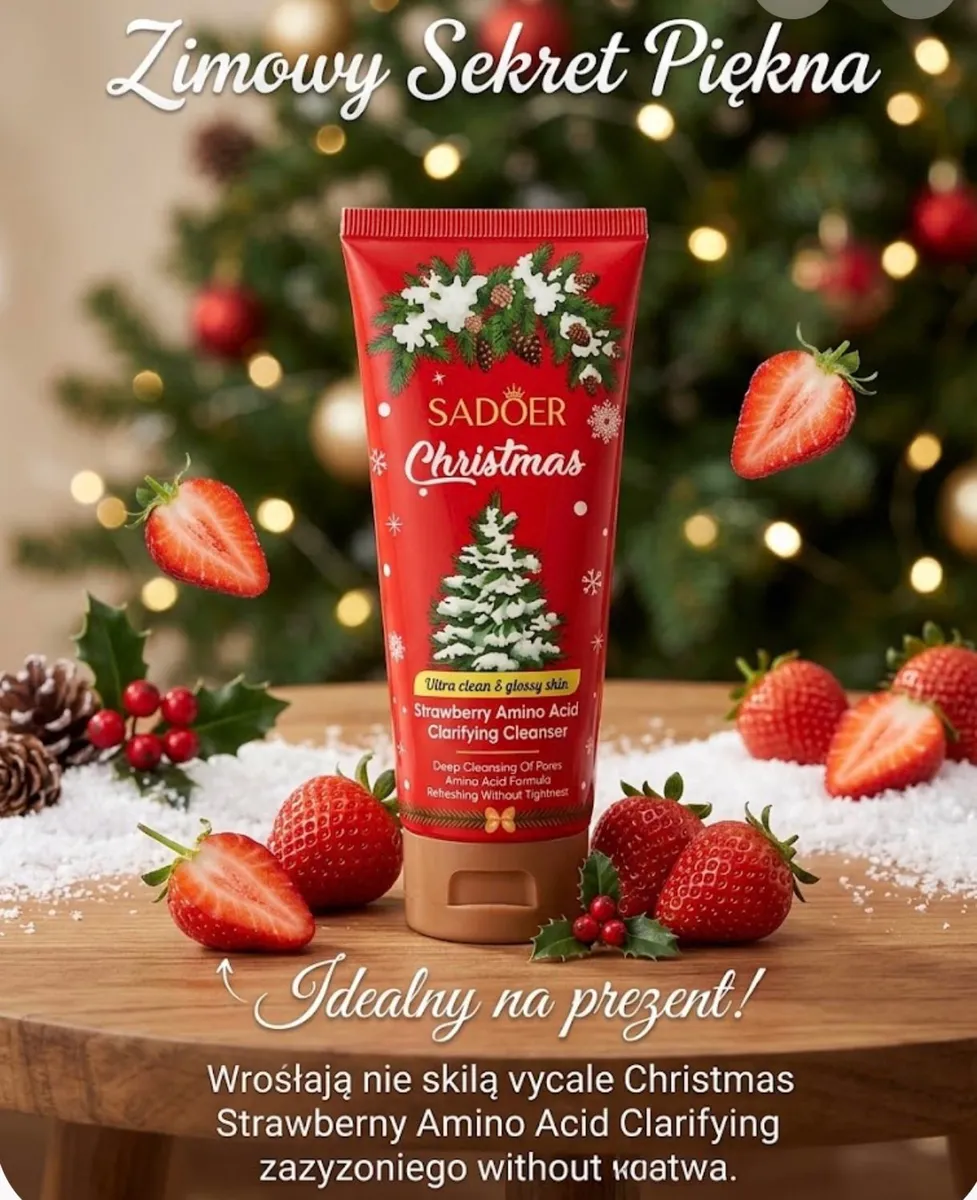 Czerwone opakowanie pianki do mycia twarzy SADOER Christmas Strawberry 100g z motywem choinki i truskawek na drewnianym stole