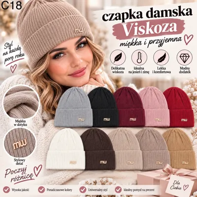 dziewczyna w beżowej prążkowanej czapce damskiej z metalowym logo mw, różne kolory czapek na dole