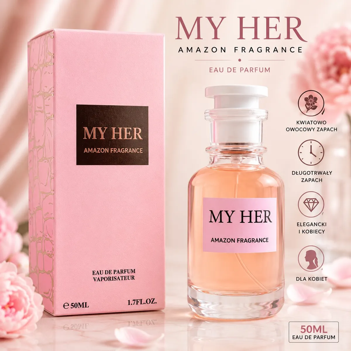 Perfumy My Her Amazon Fragrance 50ml z różowym pudełkiem i przezroczystą butelką z białym korkiem