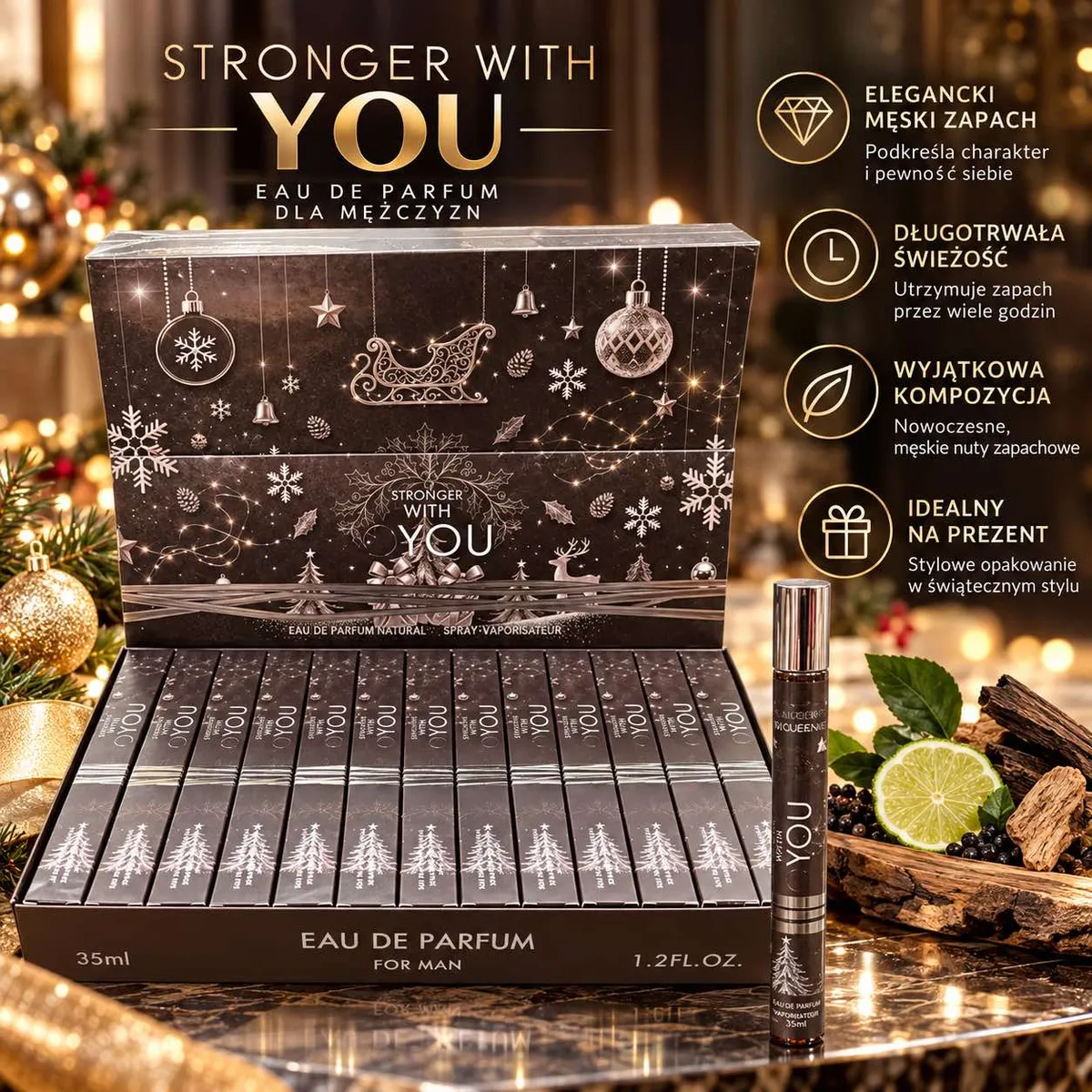 opakowanie perfumetek Stronger with You 35 ml z motywem świątecznym i pojedynczy flakonik