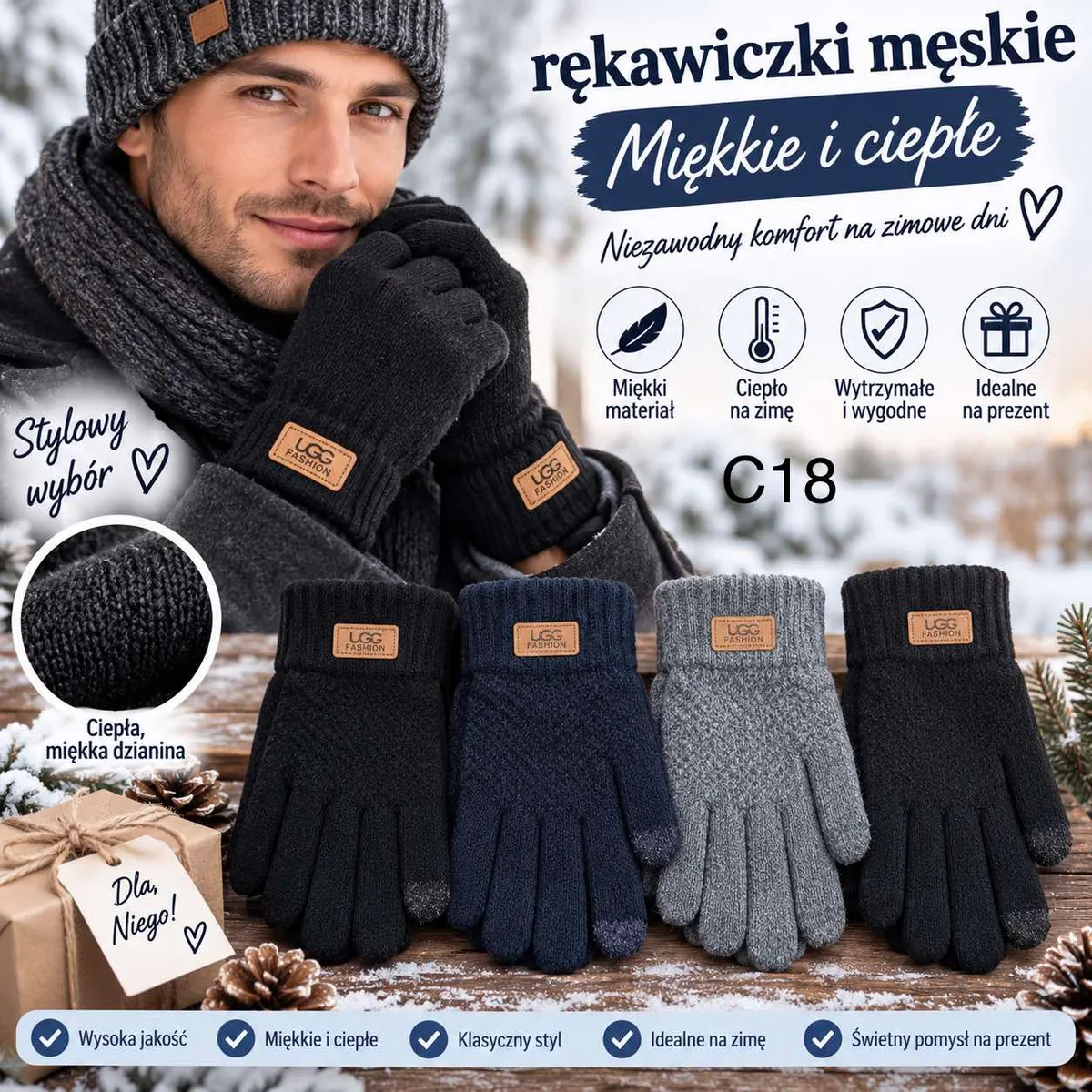 Mężczyzna w czapce i szaliku nosi czarne dzianinowe rękawiczki męskie UGG Fashion, obok cztery pary rękawiczek w różnych kolo