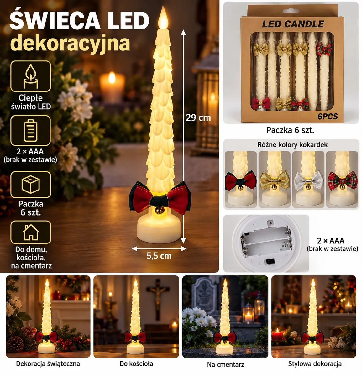 Zestaw 6 świec LED dekoracyjnych 29 cm z różnokolorowymi kokardami w opakowaniu