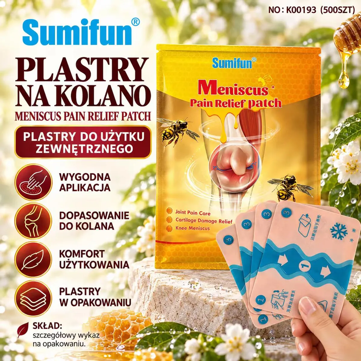Opakowanie plastrów Sumifun na kolano z grafiką stawu i cztery plastry w ręce