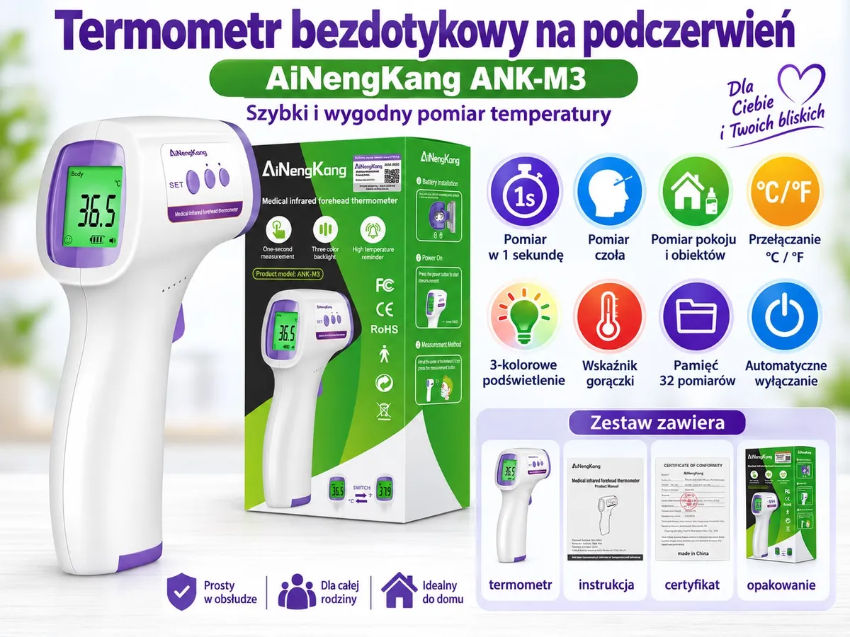 biały termometr bezdotykowy AiNengKang ANK-M3 z fioletowymi detalami i zielonym wyświetlaczem LCD