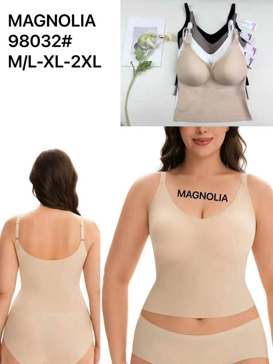 Gładki beżowy top modelujący Magnolia na modelce, widok przód i tył oraz zestaw kolorów