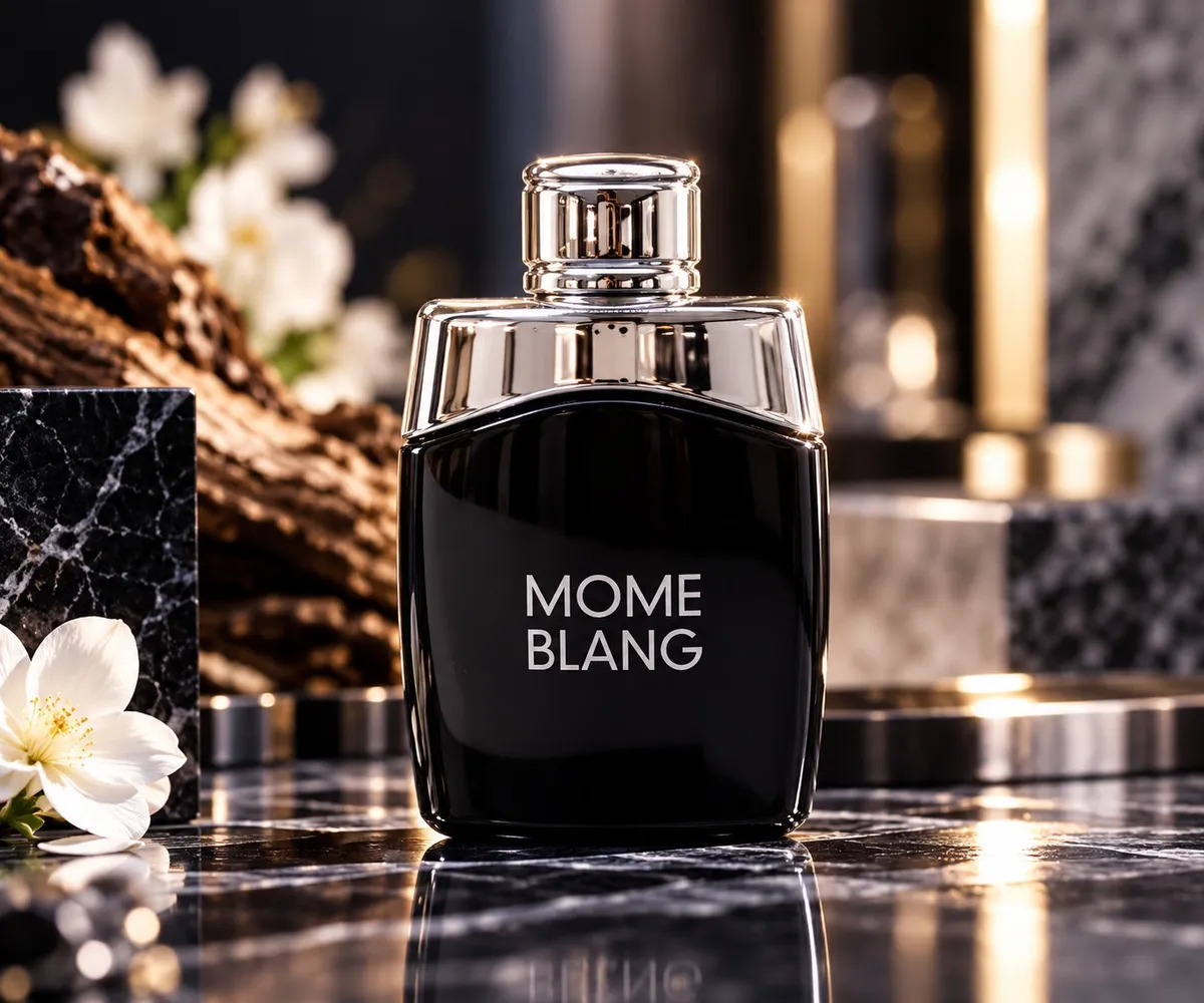 Butelka perfum Mome Blang czarna z połyskującą srebrną nakrętką na marmurowym tle