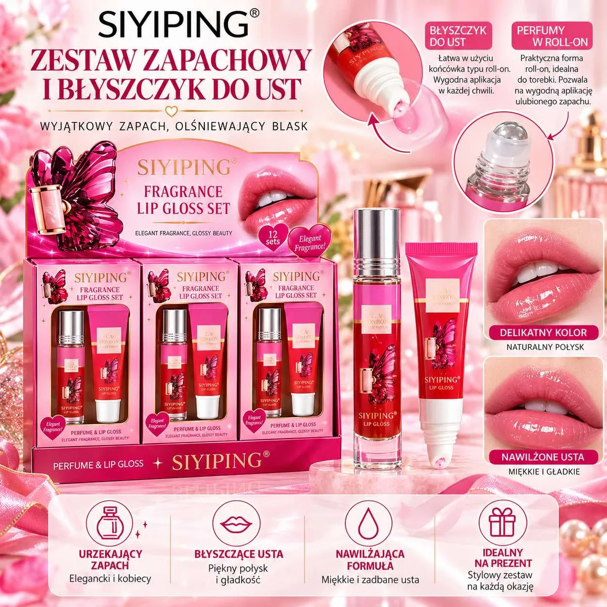 Zestaw kosmetyków SIYIPING perfumetka roll-on i błyszczyk do ust w różowym opakowaniu z motylem