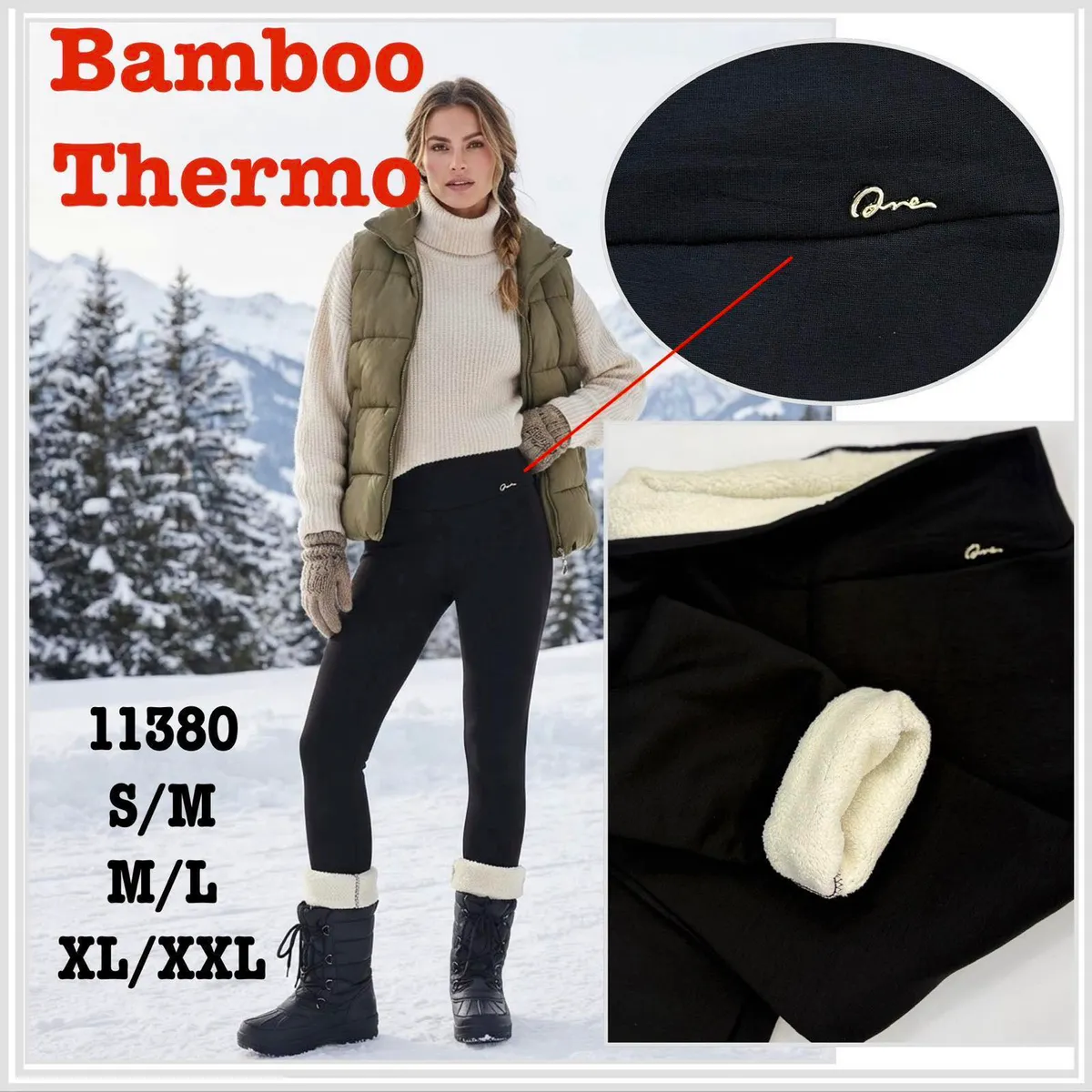 Kobieta w czarnych legginsach Bamboo Thermo z kremowym ociepleniem, zbliżenie na logo i wnętrze materiału