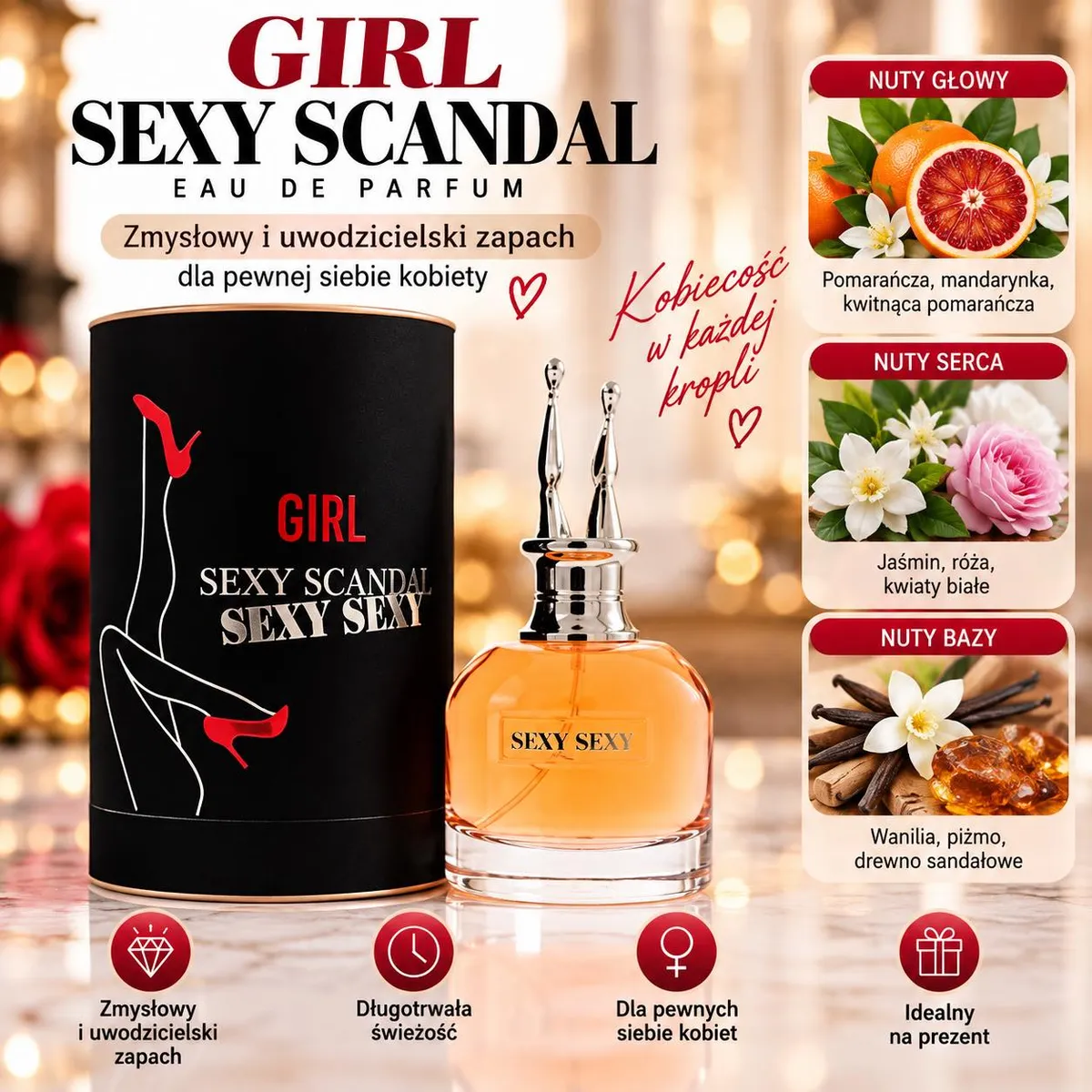 Perfumy Girl Sexy Scandal 100ml z czarnym tubusem i butelką z pomarańczowym płynem oraz opis nut zapachowych