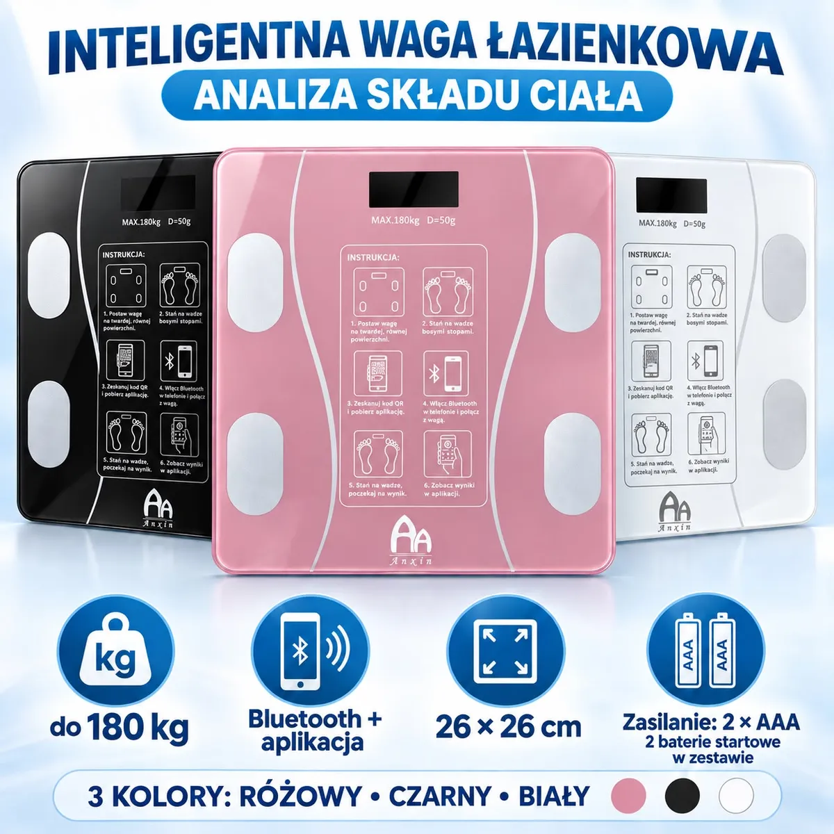 Trzy inteligentne wagi łazienkowe Bluetooth w kolorach różowym, czarnym i białym z wyświetlaczem i elektrodami