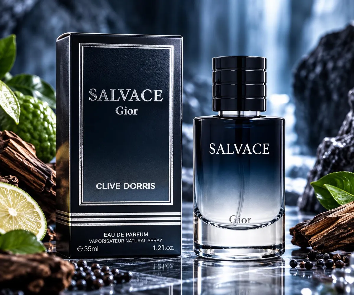 Butelka perfum Salvace Gior 35ml ciemnoniebieska z gradientem i czarna zakrętka obok czarnego pudełka