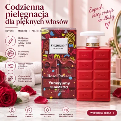 Butelka szamponu Shumukh w kształcie czerwonej tabliczki czekolady z białą zakrętką i opakowanie z motywem róż
