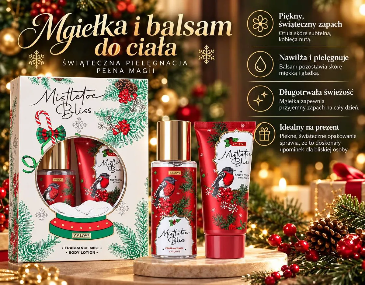 Zestaw prezentowy Mistletoe Bliss mgiełka i balsam do ciała w czerwonym opakowaniu z motywem ptaka i gałązek
