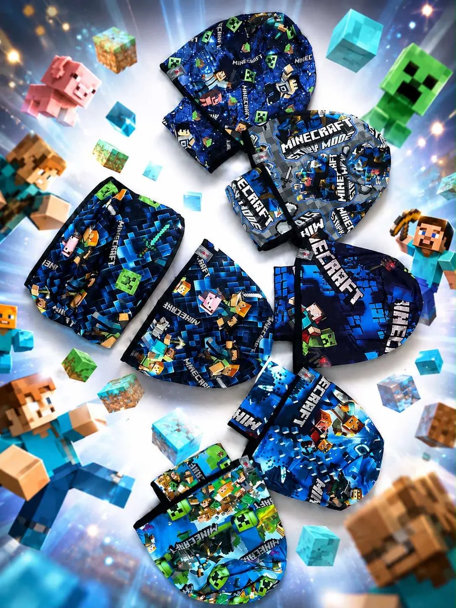 Kolorowe czapki dziecięce Minecraft z nadrukiem postaci i elementów gry na granatowym tle