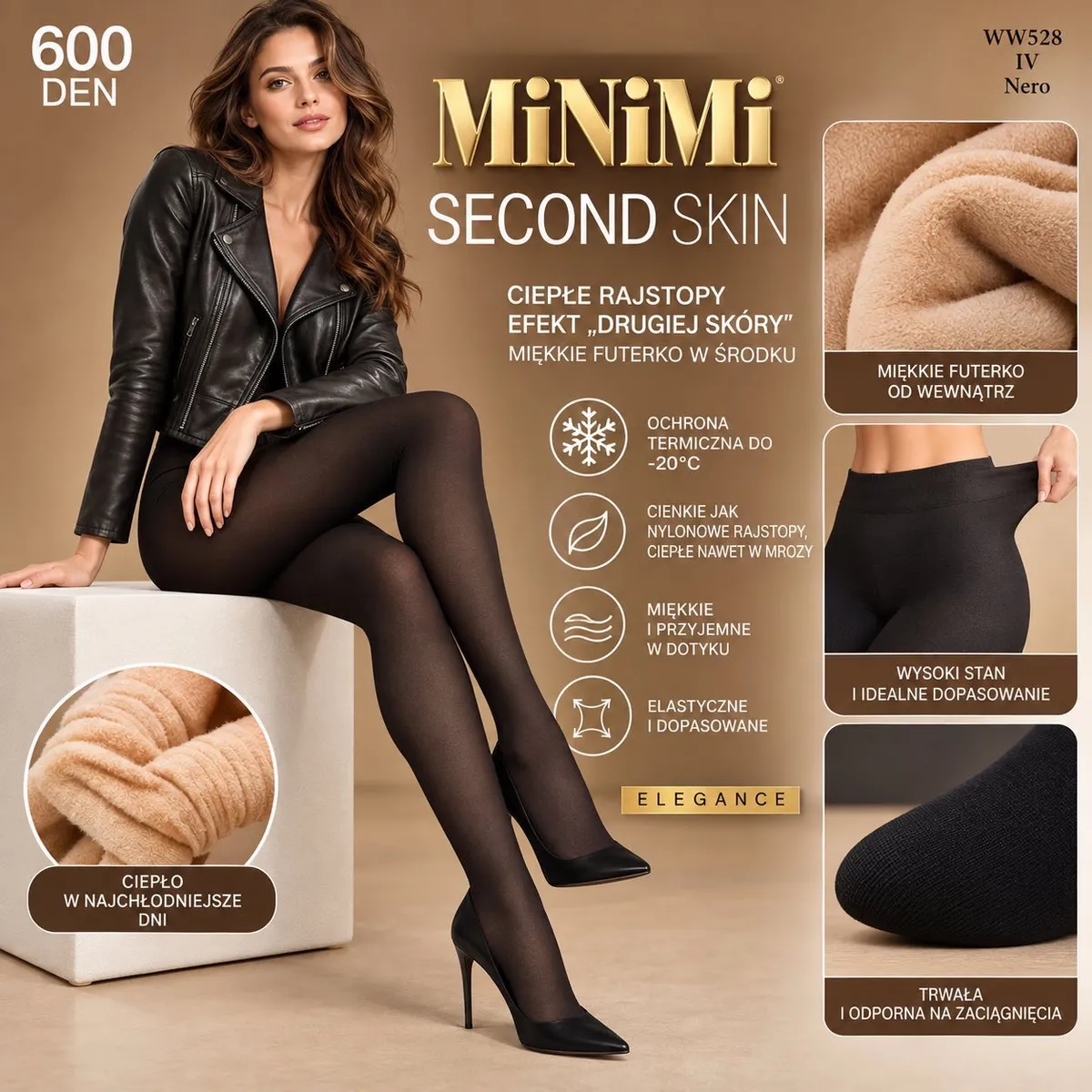 Modelka w czarnych rajstopach Minimi Second Skin 600 DEN z miękkim beżowym futerkiem od środka
