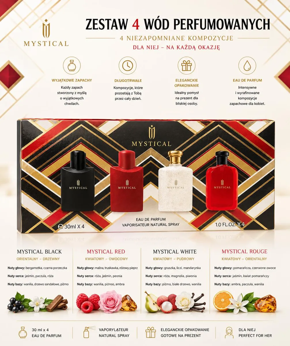 Zestaw 4 wód perfumowanych Mystical w eleganckim opakowaniu z butelkami czarną, czerwoną, białą i czerwoną