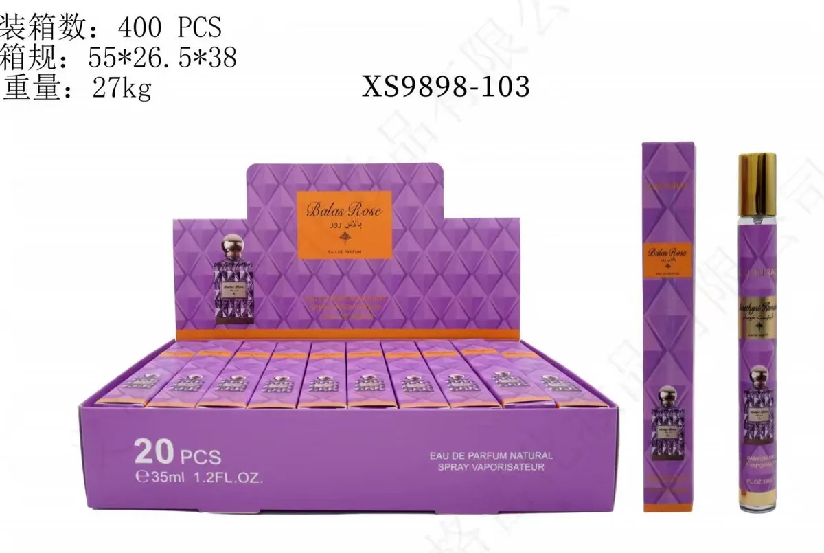 Fioletowe perfumetki Balas Rose 35ml w kartonowym opakowaniu zbiorczym 20 sztuk
