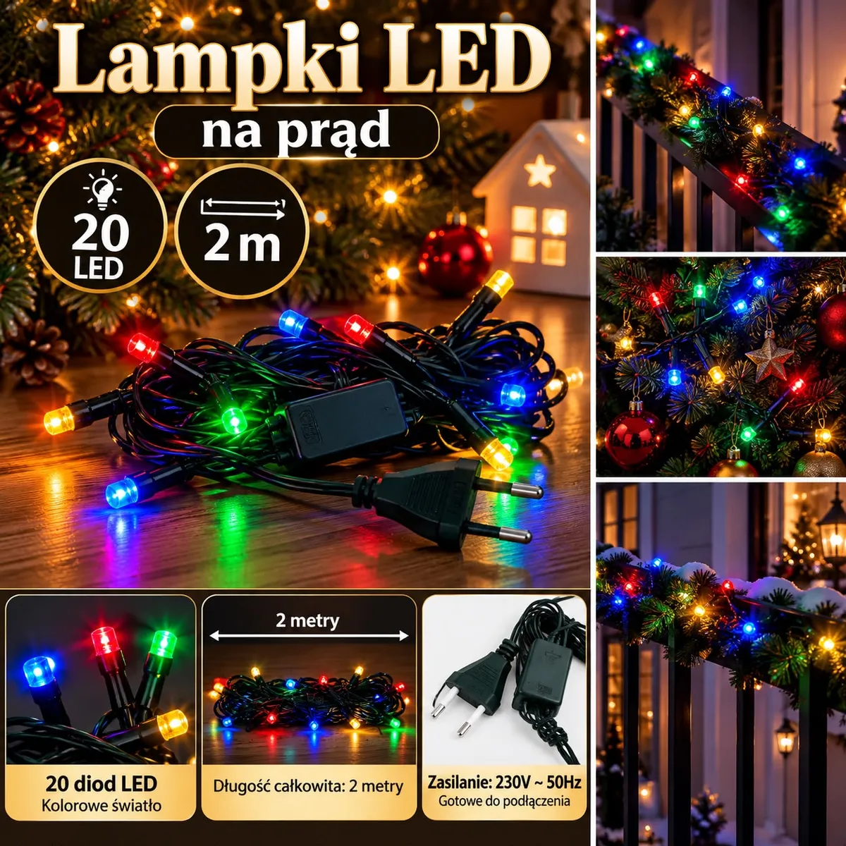 Lampki choinkowe LED 20 diod multikolor na czarnym przewodzie z wtyczką 230V