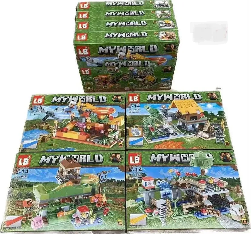 Cztery zestawy klocków LB MyWorld w zielonych opakowaniach z grafiką Minecraft