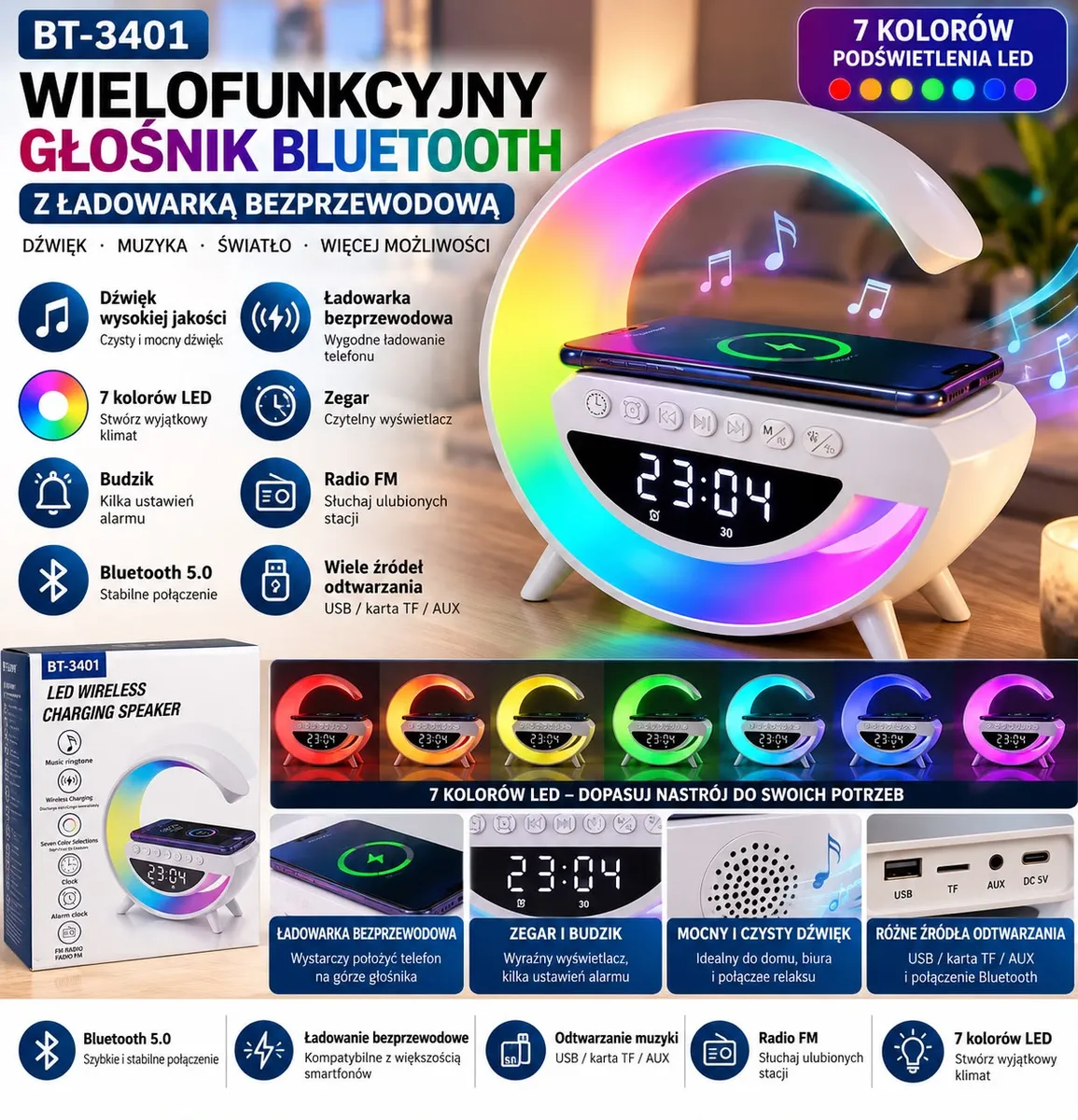 biały głośnik Bluetooth LED z cyfrowym zegarem i ładowarką bezprzewodową, podświetlenie 7 kolorów