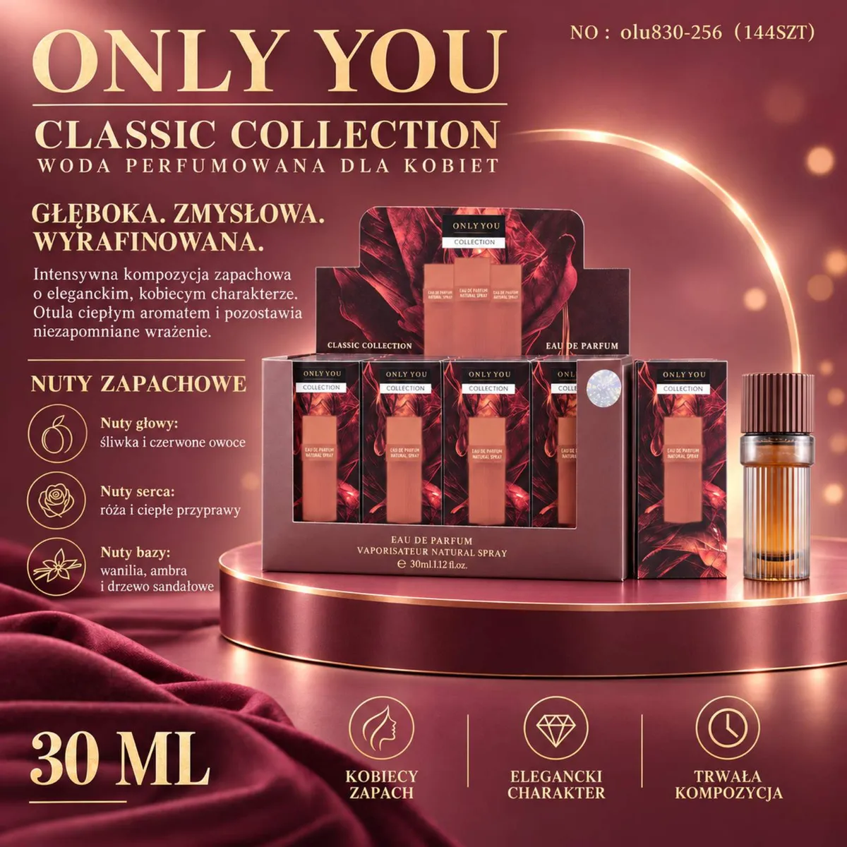 Opakowanie wody perfumowanej Only You Classic Collection 30 ml dla kobiet w bordowym kolorze z nutami zapachowymi