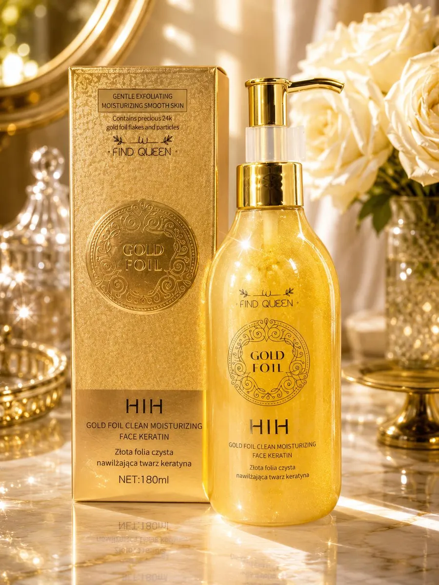 Butelka złotego serum do twarzy HIH Gold Foil z pompką i złote opakowanie na marmurowym tle z białymi różami
