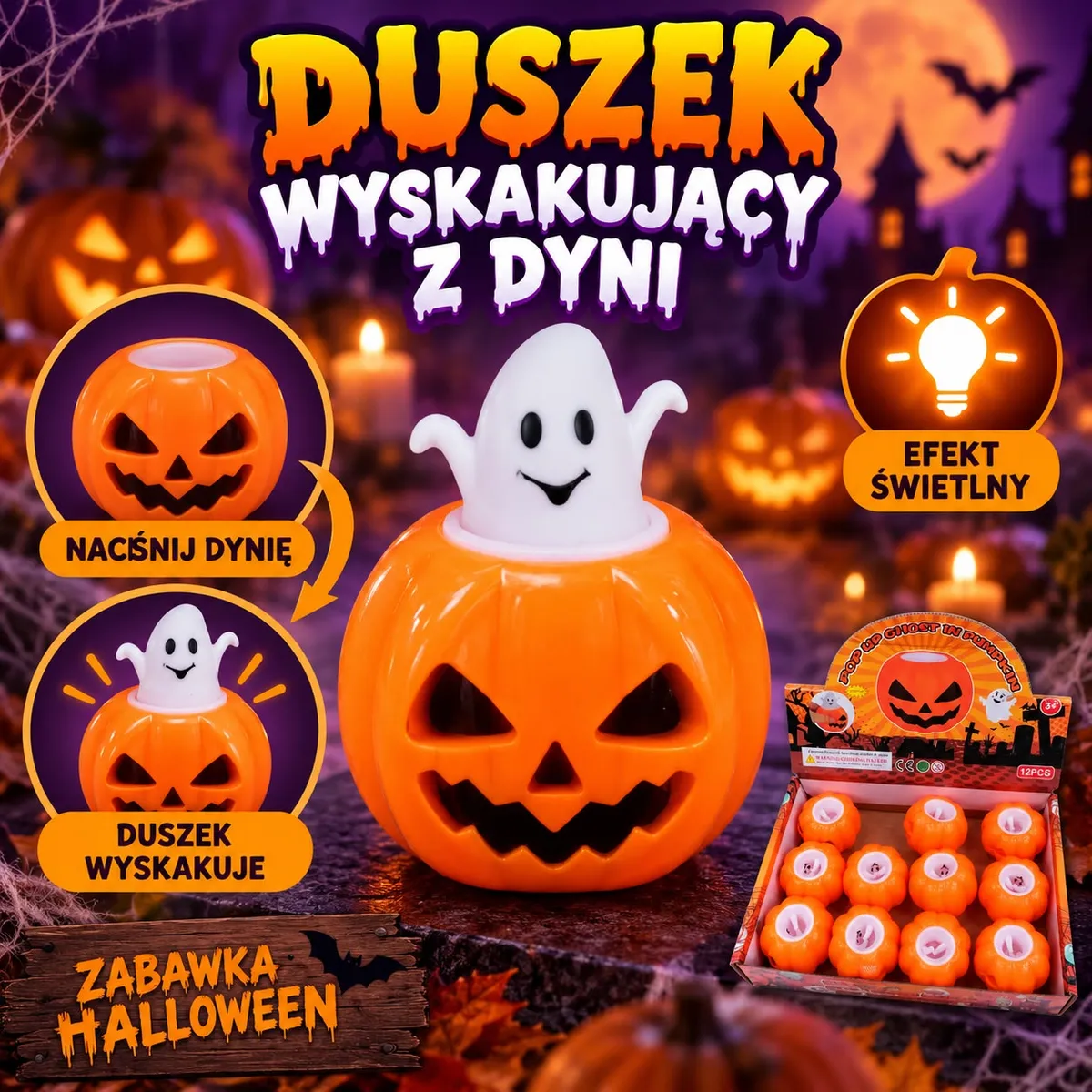Pomarańczowa dynia z czarnymi wycięciami i białym duszkiem wyskakującym, opakowanie zbiorcze 12 sztuk
