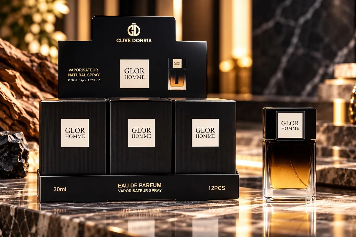 Perfumy Clive Dorris Glor Homme 30ml w czarnym flakonie i opakowaniu zbiorczym 12 sztuk