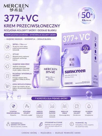 białe opakowanie kremu przeciwsłonecznego MERCILEN 377+VC SPF50+ PA++++ z fioletowymi akcentami
