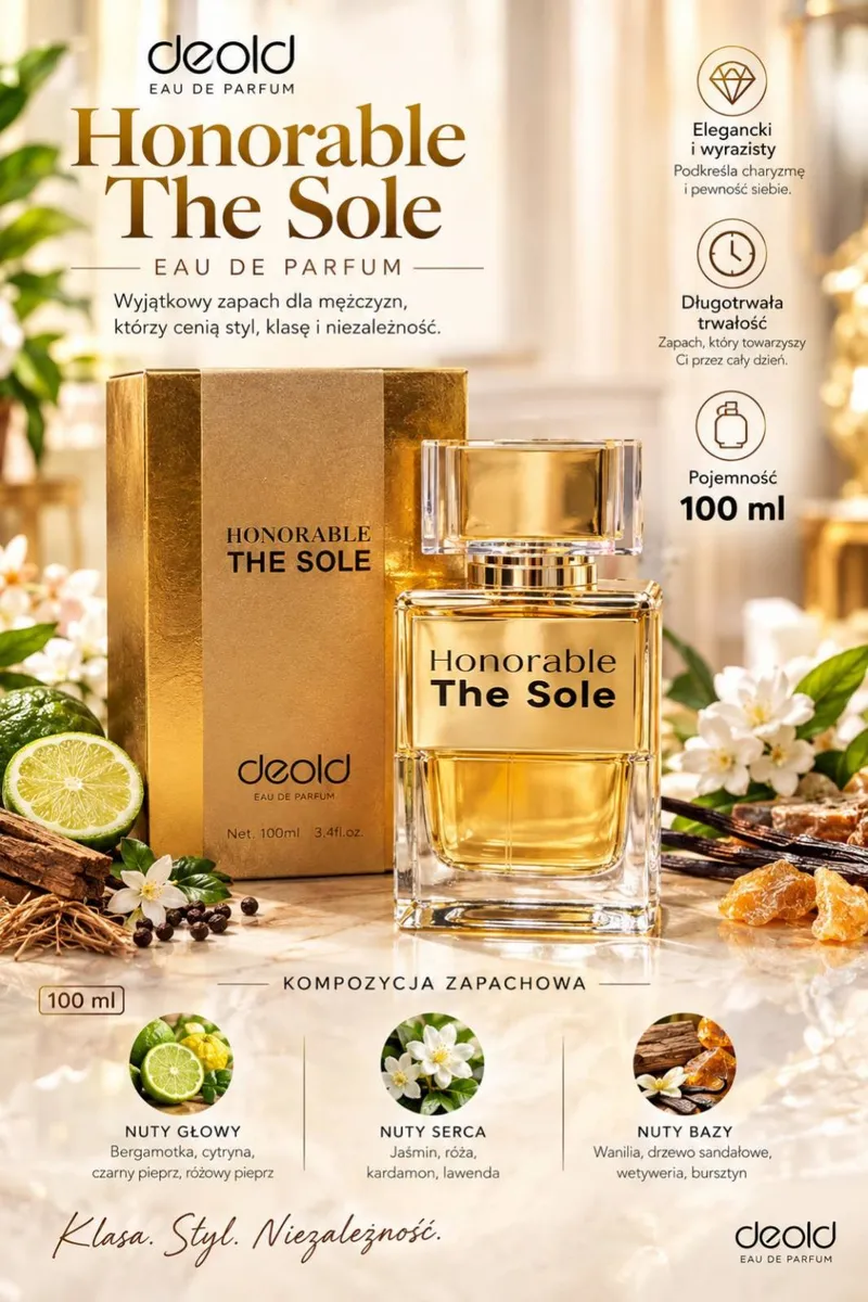 Perfumy Deold Honorable The Sole 100 ml w złotym opakowaniu z nutami zapachowymi