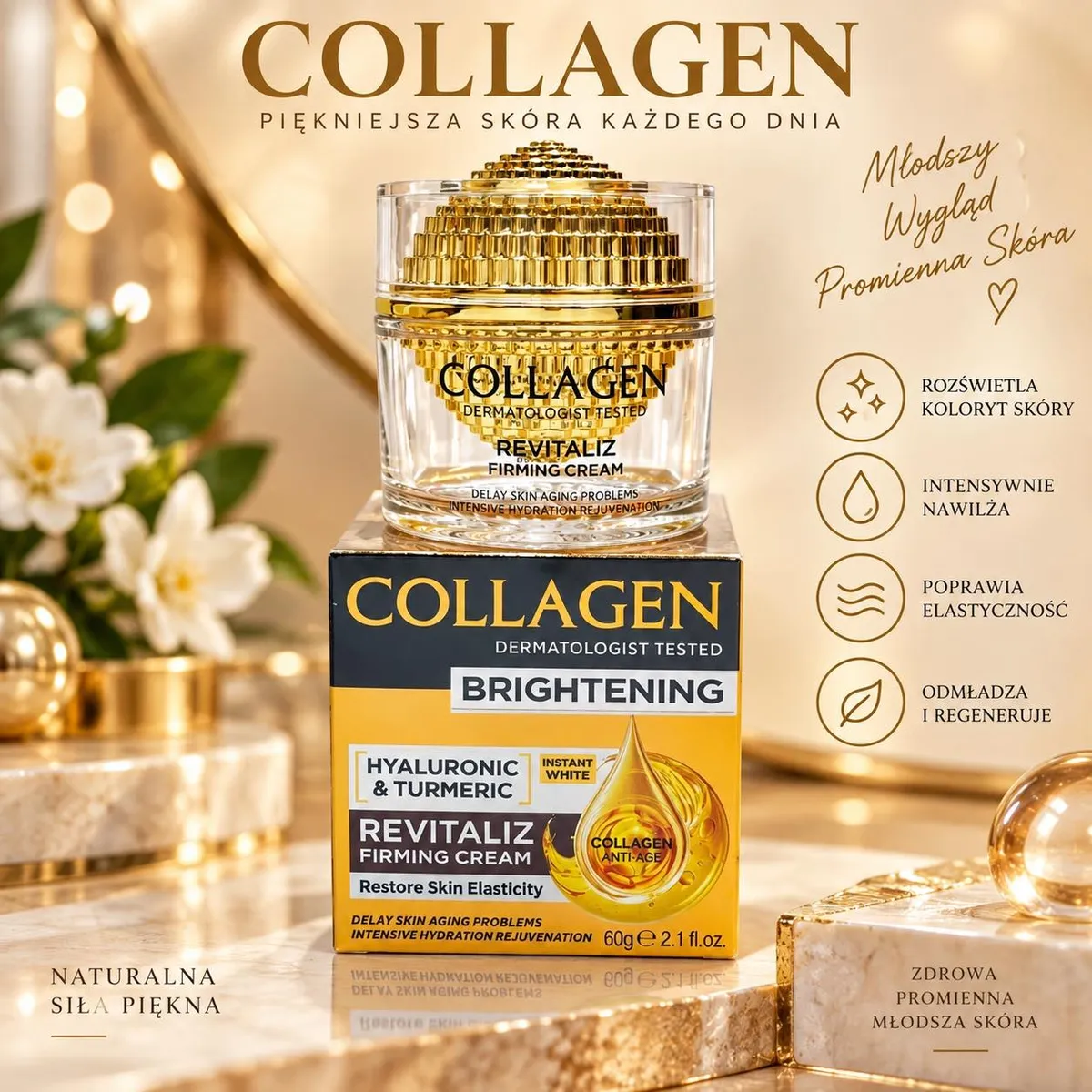 Słoiczek kremu Collagen Revitaliz z złotym wieczkiem na marmurowej powierzchni z kwiatami w tle