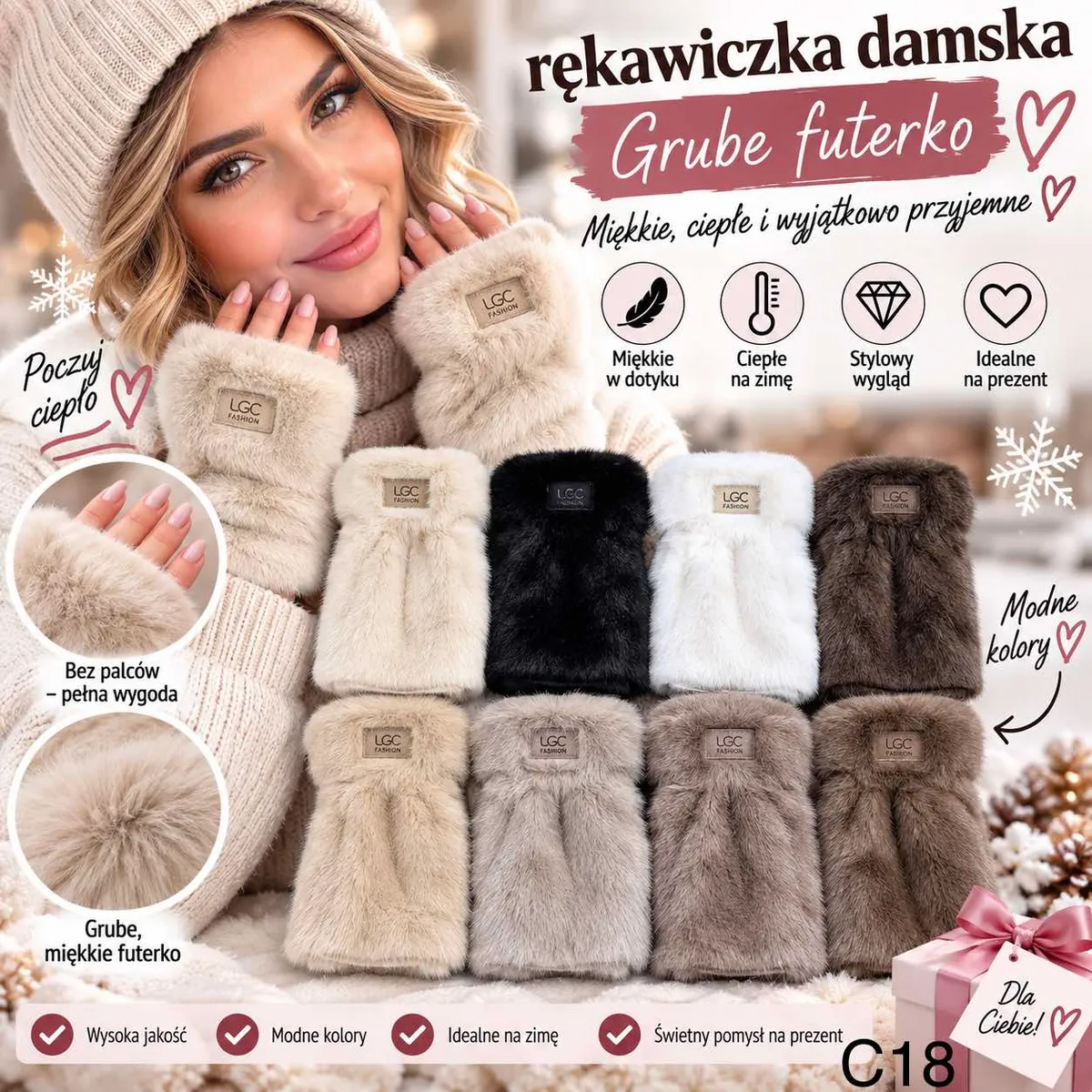 Rękawiczki damskie bez palców z grubym miękkim futerkiem w różnych kolorach