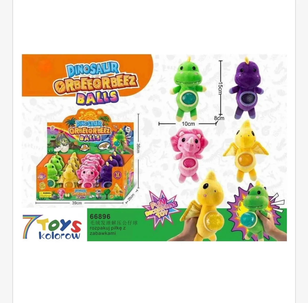 Pluszowe zabawki dinozaury w kolorach zielonym, fioletowym, różowym i żółtym z kulkami Orbeez w brzuchu