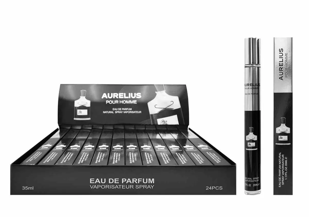 Czarne flakony perfum męskich Aurelius Pour Homme 35ml w opakowaniu zbiorczym 24 sztuki