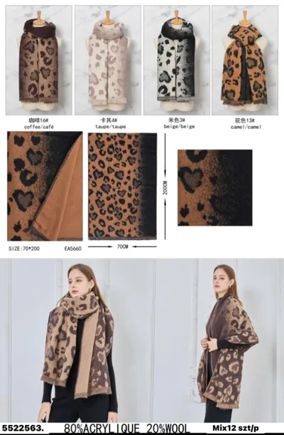 cztery szaliki damskie w panterkę w kolorach coffee, taupe, beige i camel, wymiary 70x200 cm