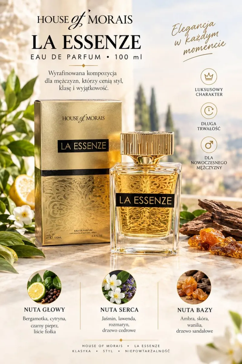 Złoty flakon perfum House of Morais La Essenze 100 ml z opakowaniem i naturalnymi składnikami