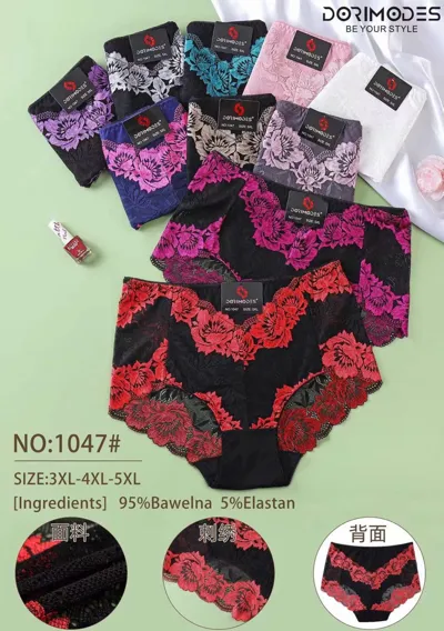Majtki damskie koronkowe w rozmiarach 3XL-5XL w różnych kolorach na czarnym tle