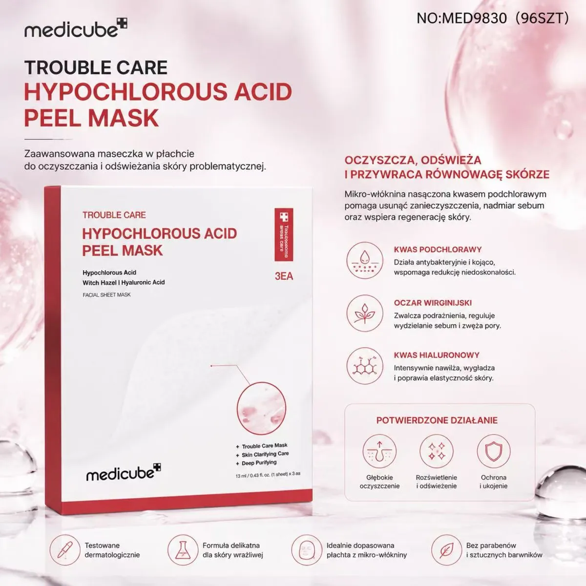 Opakowanie maseczki Medicube Hypochlorous Acid Peel Mask 3 sztuki z opisem działania i składnikami