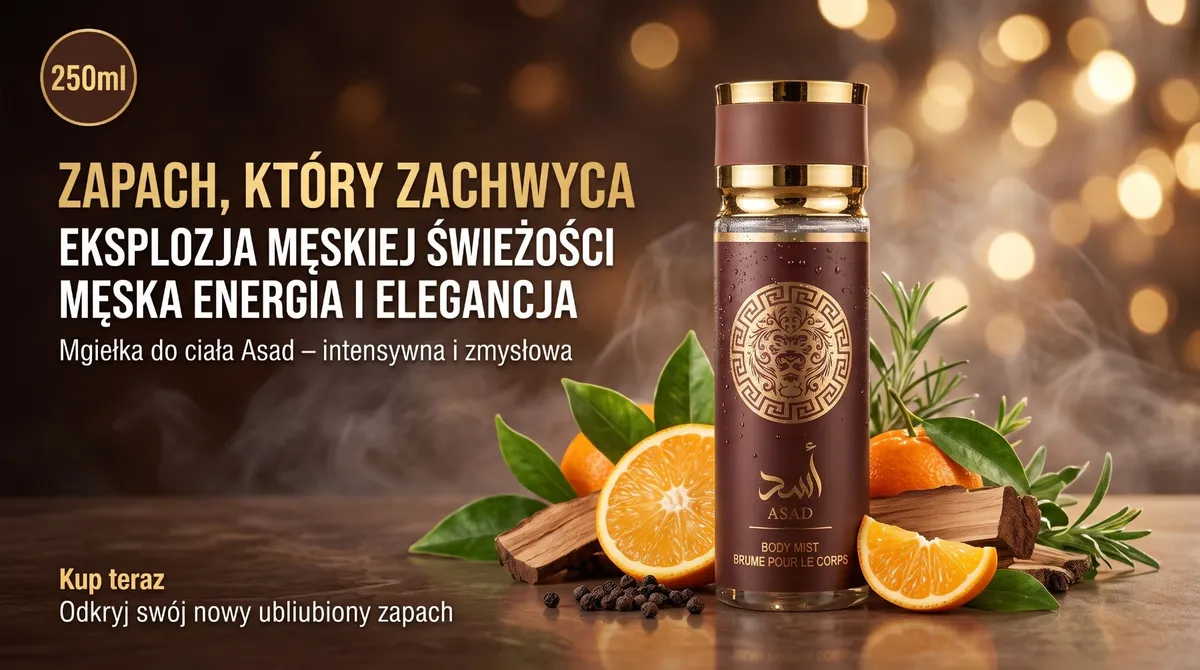 Butelka mgiełki do ciała Asad 250 ml z brązowym aplikatorem i złotymi detalami na tle owoców i drewna