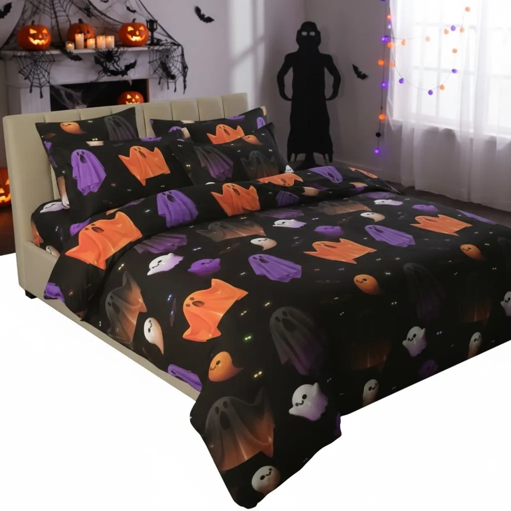 Pościel czarna z nadrukiem kolorowych duchów w pomarańczowym, fioletowym i białym na łóżku w pokoju z dekoracjami Halloween