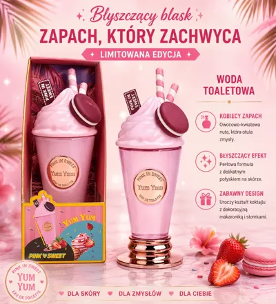 Perłowo-różowa woda toaletowa Yum Yum 200ml w opakowaniu przypominającym koktajl z makaronikiem i słomkami
