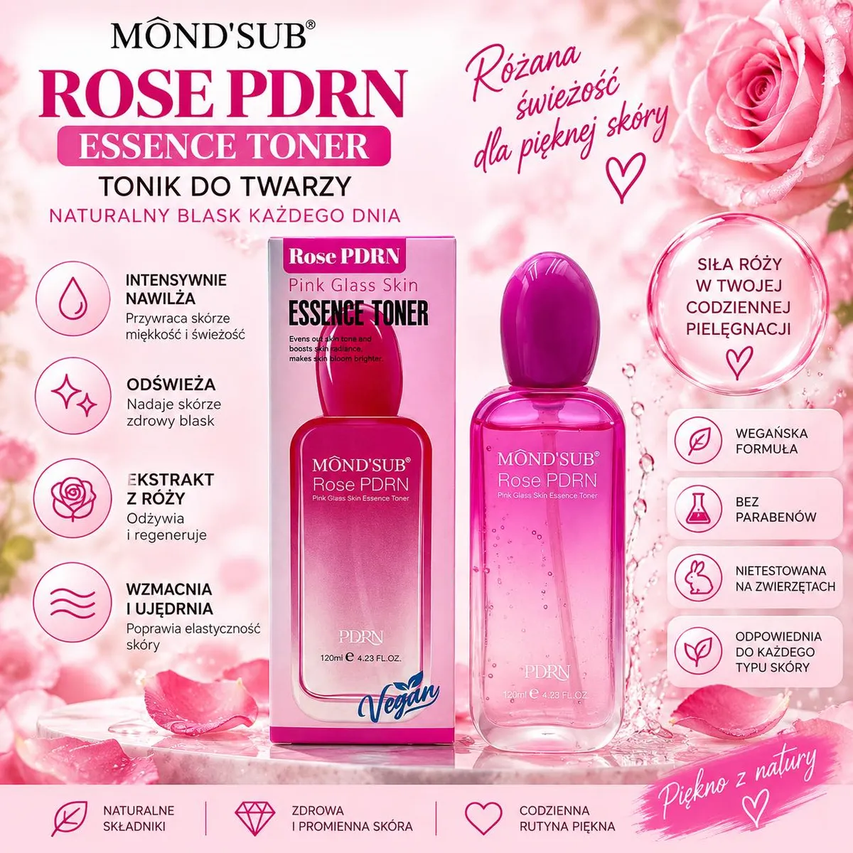 Różowy flakon toniku do twarzy Rose PDRN 120 ml z opakowaniem i różami w tle