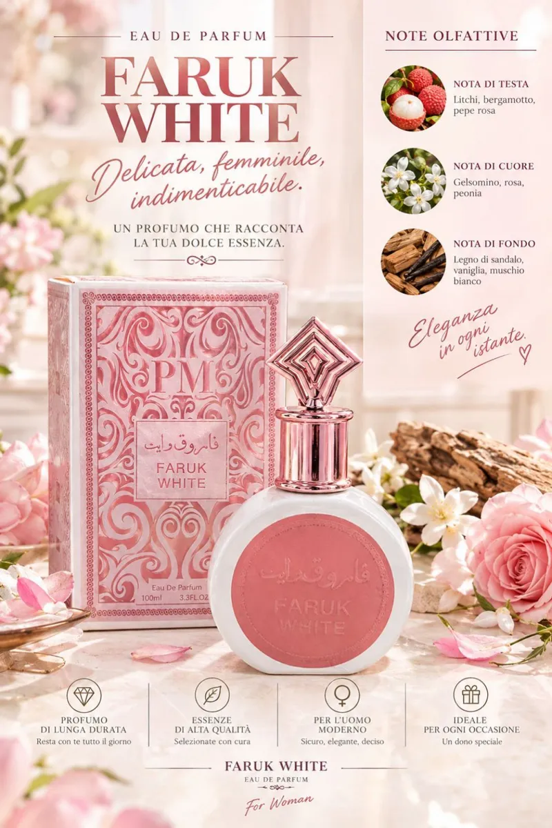 Perfumy Faruk White w białym flakonie z różowym korkiem i ozdobnym pudełku w różowe wzory