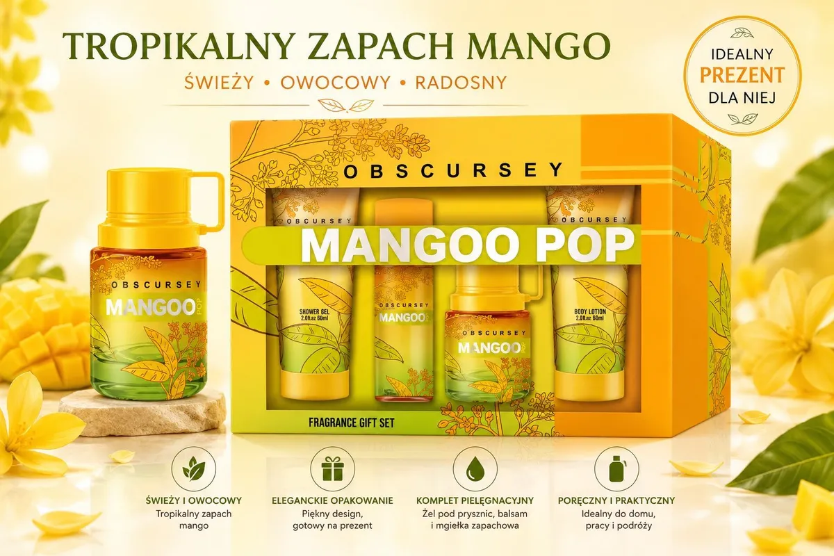 Zestaw prezentowy Obscursey Mangoo Pop z żelem, balsamem i mgiełką o zapachu mango w żółto-zielonym opakowaniu