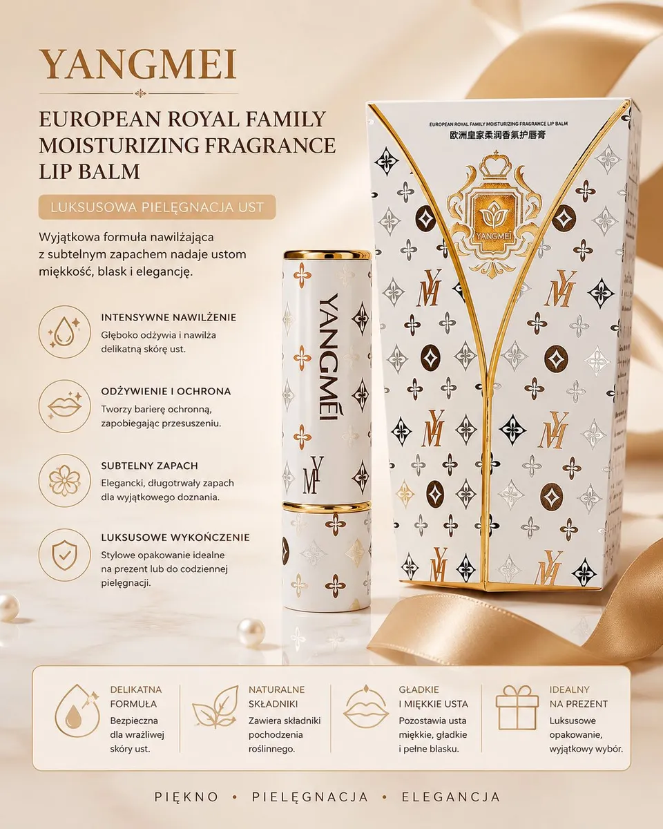 Biały balsam do ust YANGMEI z złotymi zdobieniami i eleganckie opakowanie z wzorem