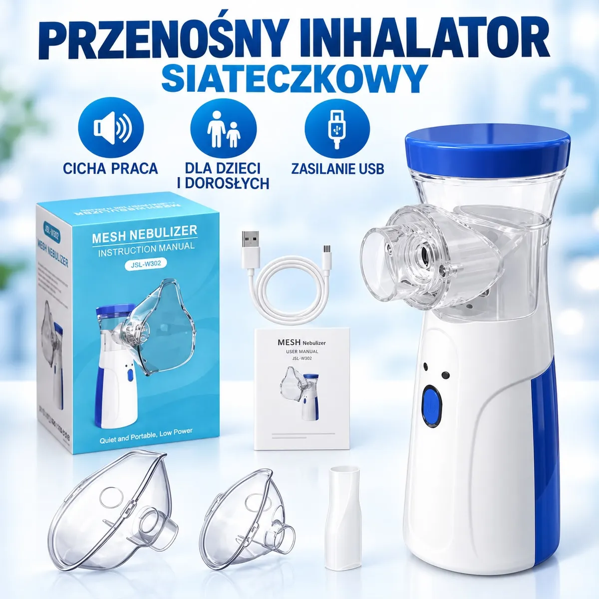 biało-niebieski przenośny inhalator siateczkowy z maskami i kablem USB na białym tle