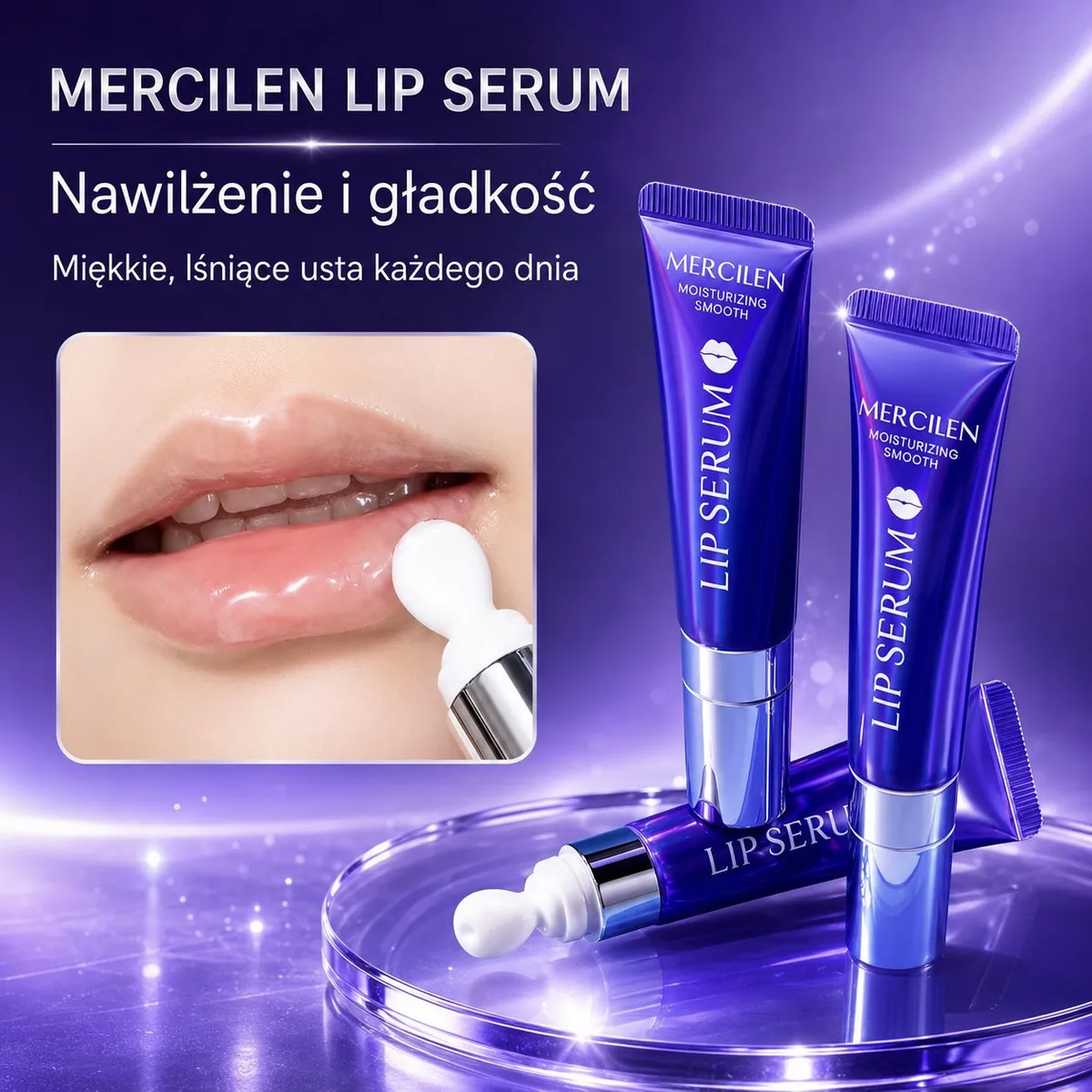 Granatowe metaliczne tubki serum do ust Mercilen z białym aplikatorem i nawilżone usta