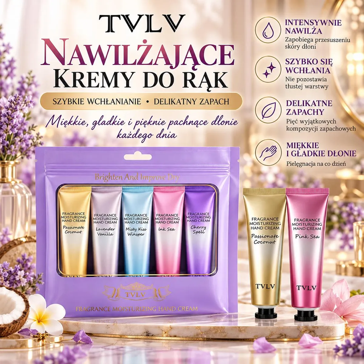 Zestaw pięciu kremów do rąk TVLV w kolorowych tubkach w fioletowym opakowaniu z kwiatami i kokosem