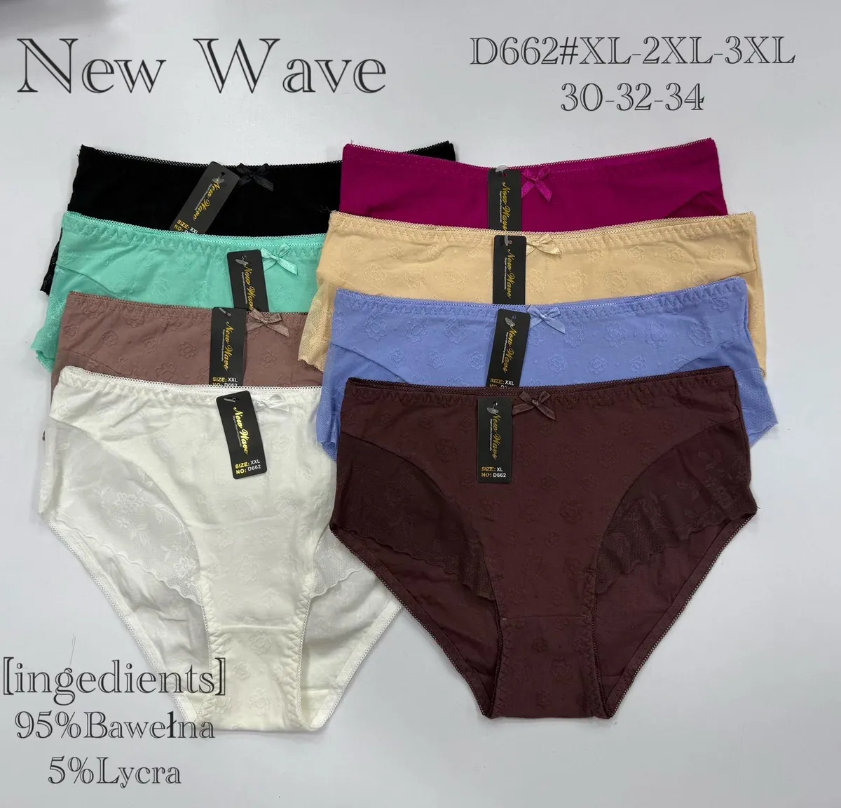 Majtki damskie New Wave w ośmiu kolorach z delikatnym wzorem kwiatowym i kokardką, rozmiary XL-3XL